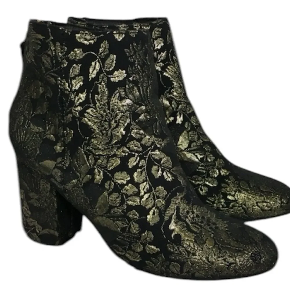 Steve Madden Black Gold Jacquard Cynthia Floral Fabric Ankle High Heel Boots 7.5